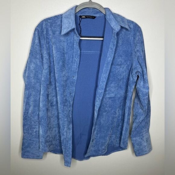 ZARA Fine-Waled Corduroy Oversized Blue Button-Up Shirt Size XS - Picture 9 of 15